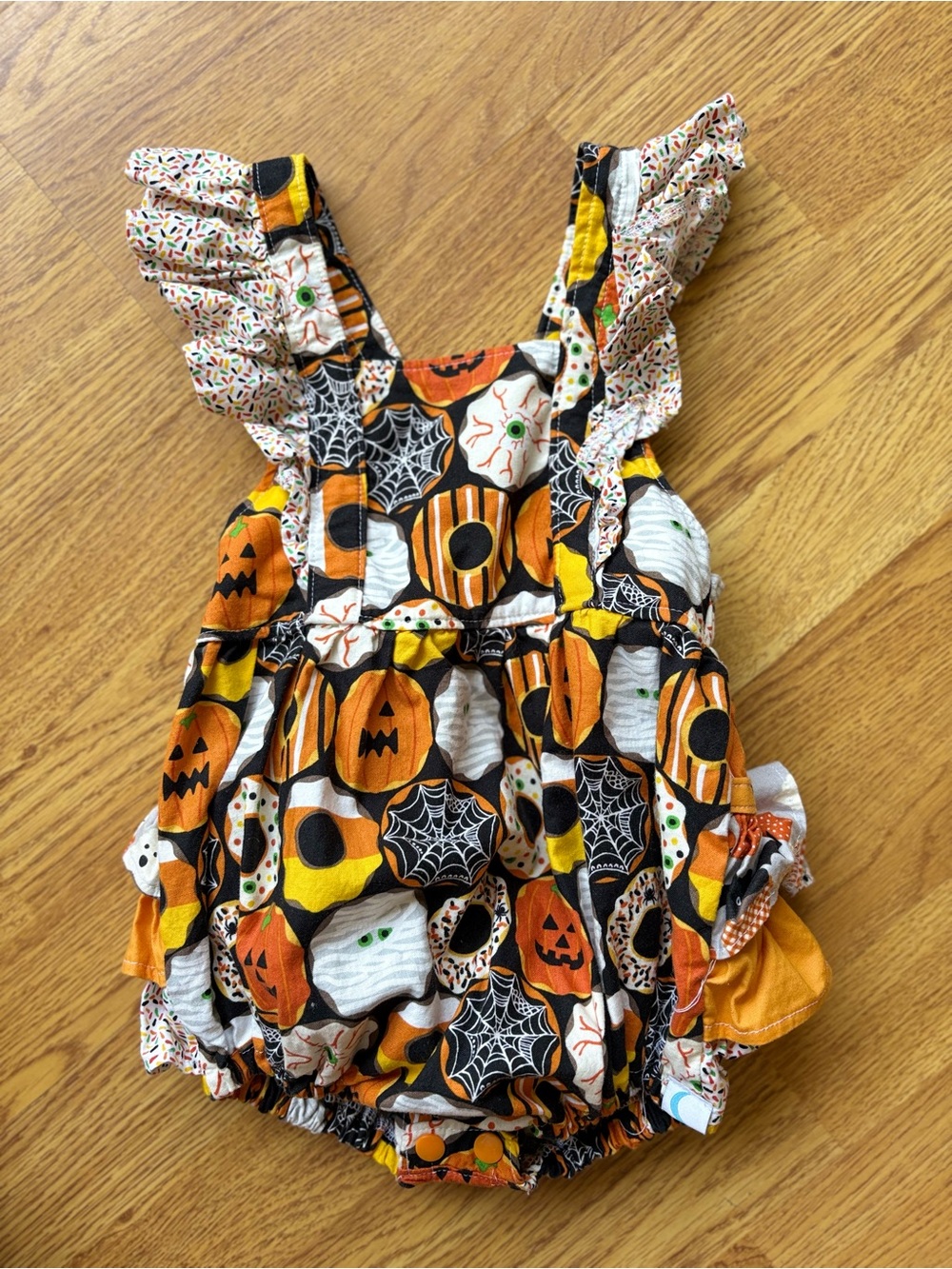 Girls Halloween Pumpkin Donuts Pumpkin Ruffle Bubble Romper Handmade 6-12M